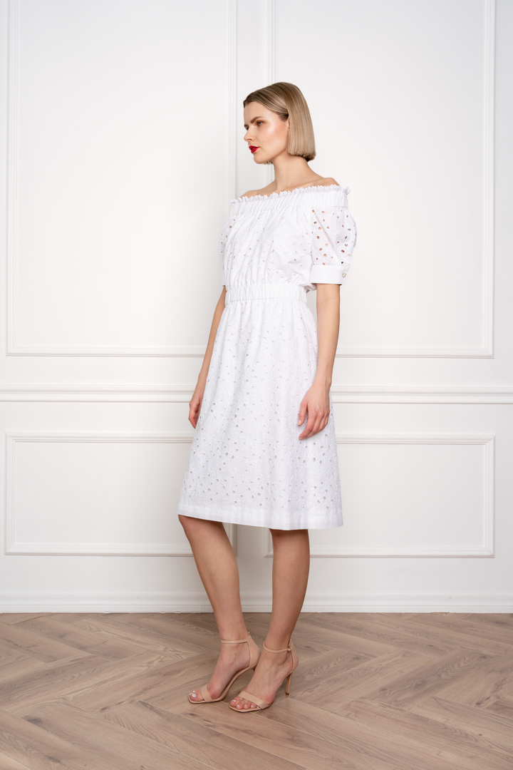 CENTELLA WHITE FLORAL BRODERIE ANGLAISE COTTON-POPLIN OFF-THE-SHOULDER DRESS