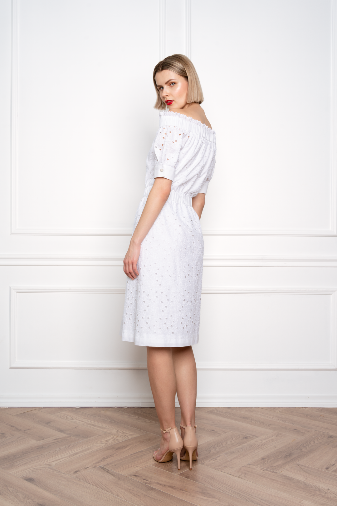 CENTELLA WHITE FLORAL BRODERIE ANGLAISE COTTON-POPLIN OFF-THE-SHOULDER DRESS