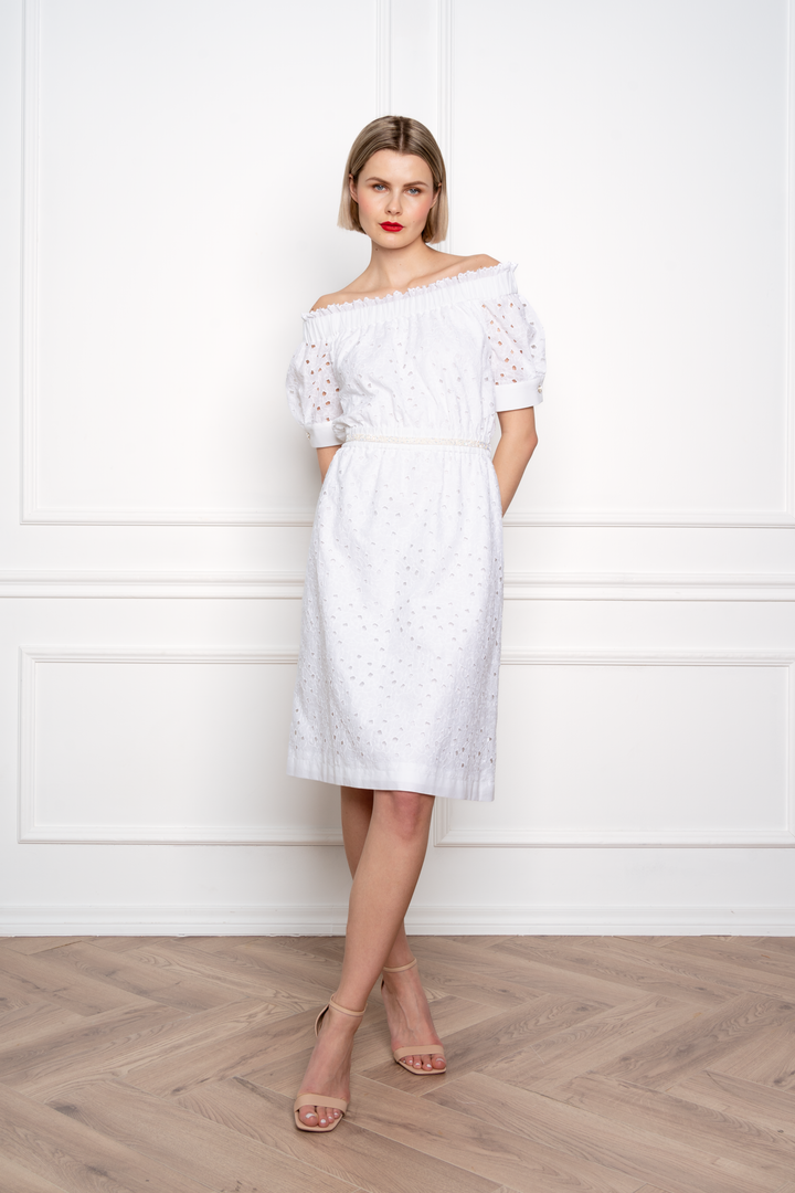 CENTELLA WHITE FLORAL BRODERIE ANGLAISE COTTON-POPLIN OFF-THE-SHOULDER DRESS