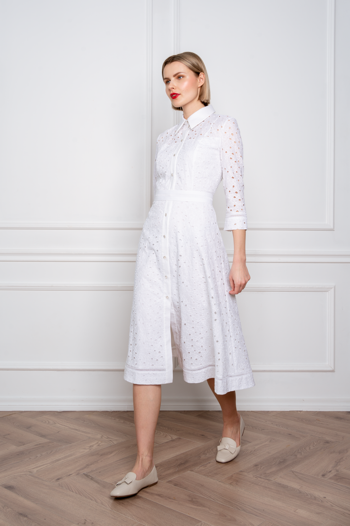 EULOPHIA WHITE FLORAL BRODERIE ANGLAISE COTTON-POPLIN MIDI SHIRT DRESS