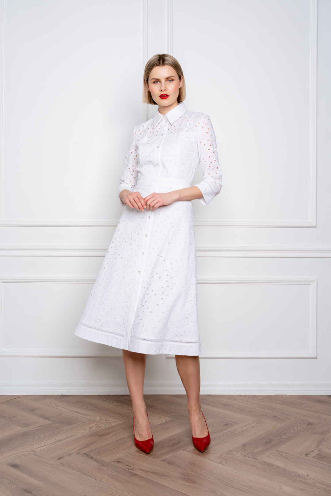 EULOPHIA WHITE FLORAL BRODERIE ANGLAISE COTTON-POPLIN MIDI SHIRT DRESS