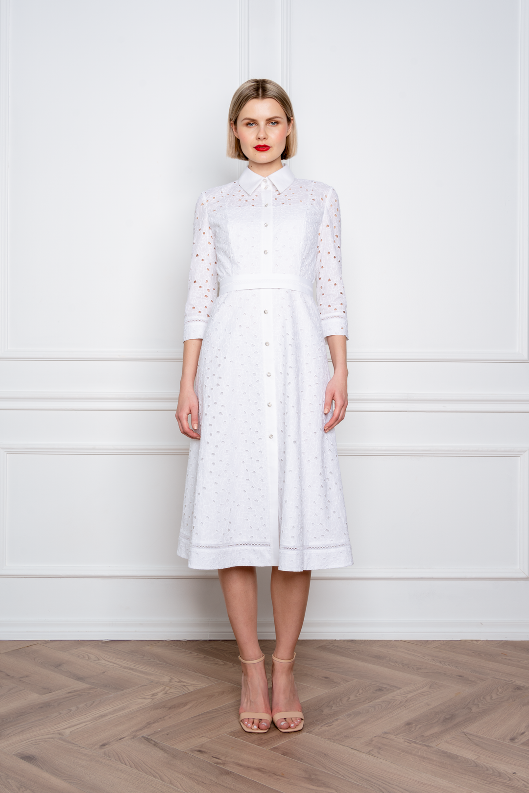 EULOPHIA WHITE FLORAL BRODERIE ANGLAISE COTTON-POPLIN MIDI SHIRT DRESS