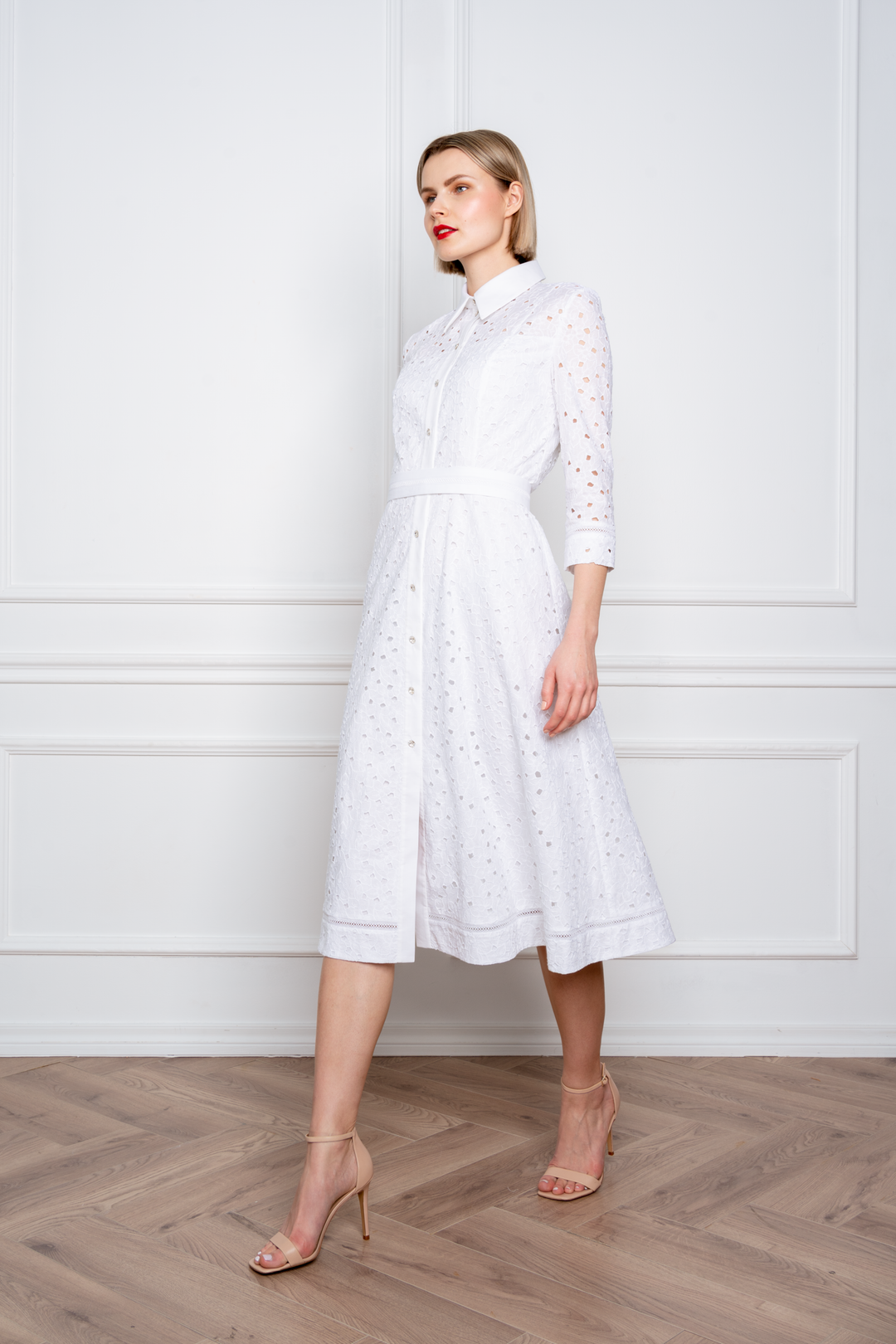 EULOPHIA WHITE FLORAL BRODERIE ANGLAISE COTTON-POPLIN MIDI SHIRT DRESS