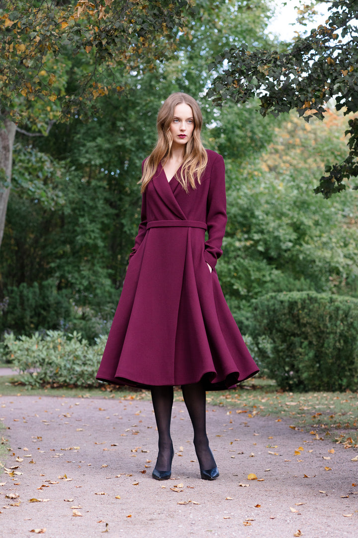 EPHEDRA BURGUNDY WOOL CREPE COAT DRESS