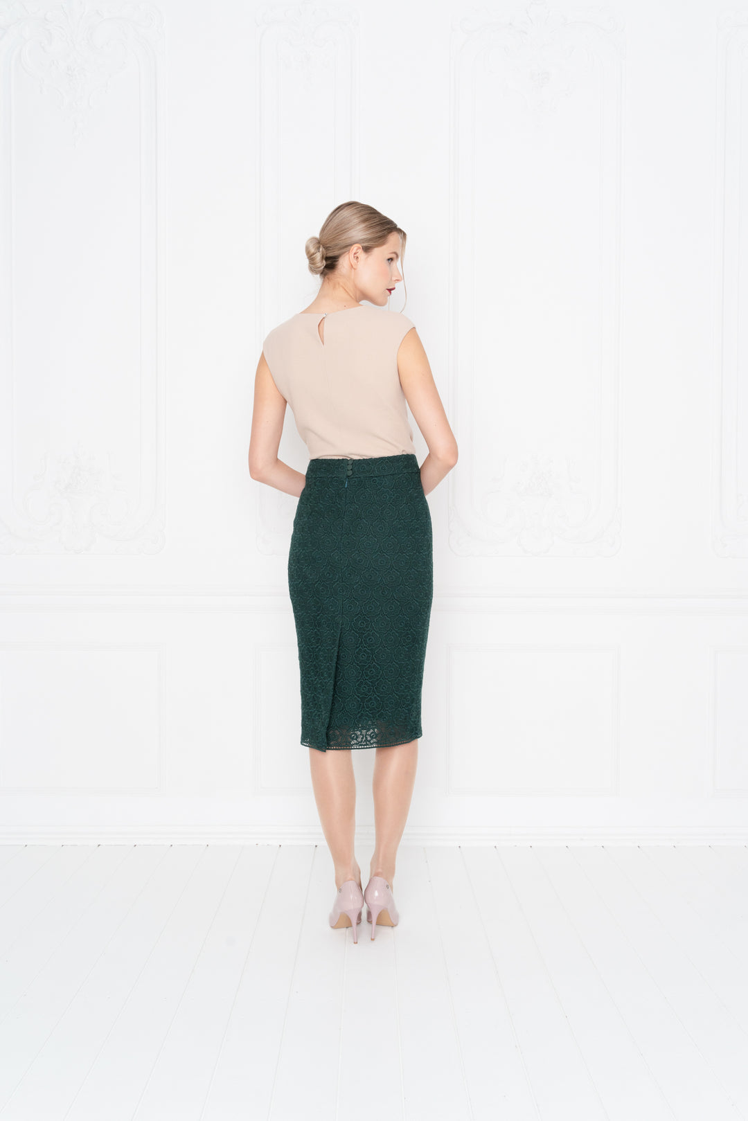 RUBIA DEEP GREEN LACE PENCIL SKIRT