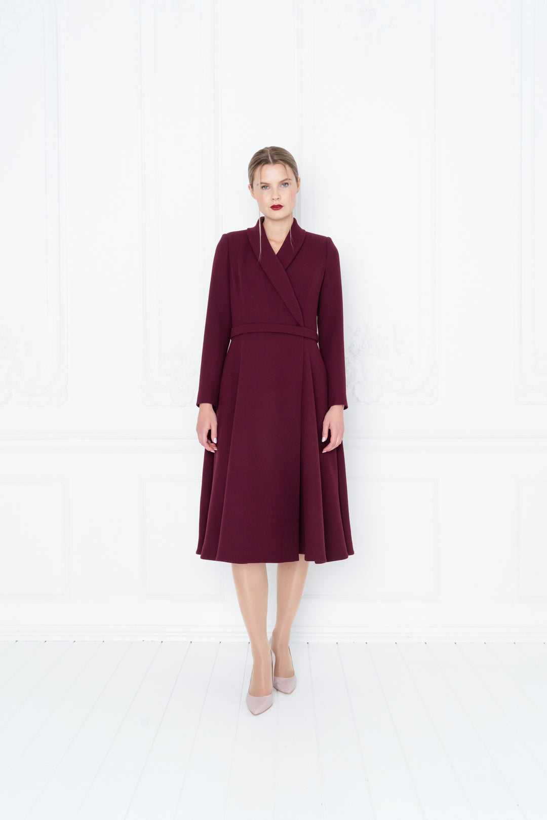 EPHEDRA BURGUNDY WOOL CREPE COAT DRESS