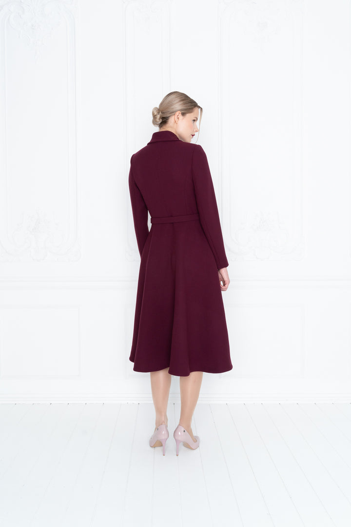 EPHEDRA BURGUNDY WOOL CREPE COAT DRESS