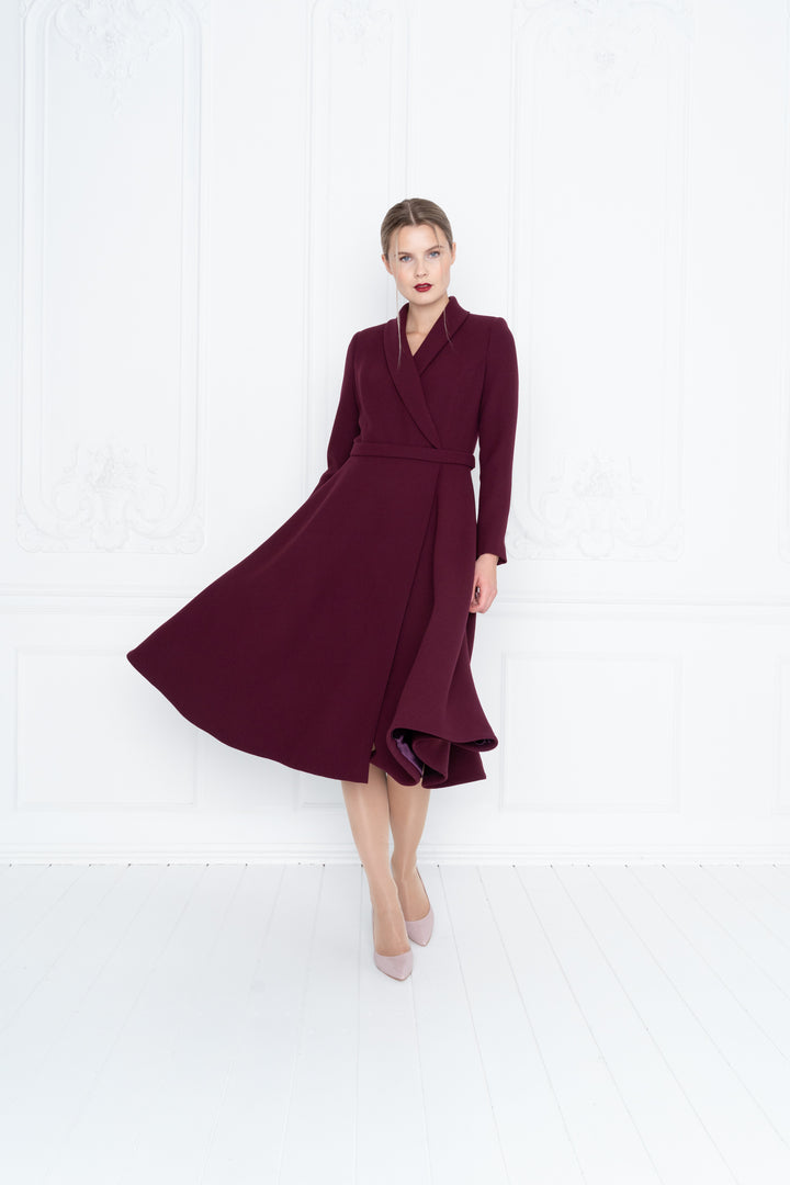 EPHEDRA BURGUNDY WOOL CREPE COAT DRESS