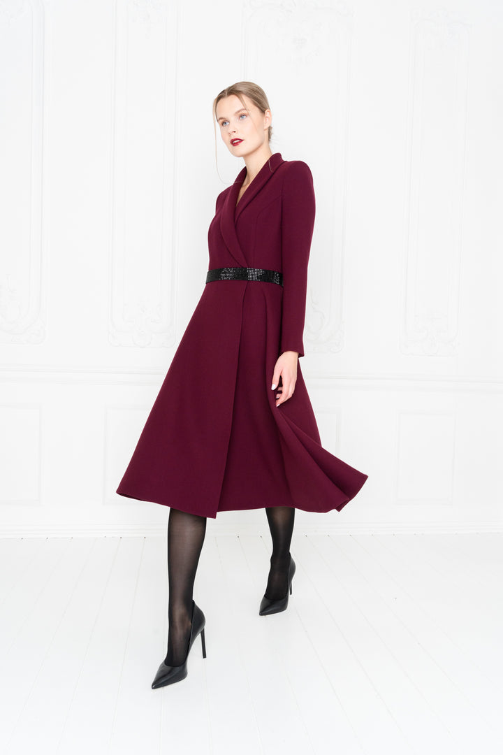 EPHEDRA BURGUNDY WOOL CREPE COAT DRESS