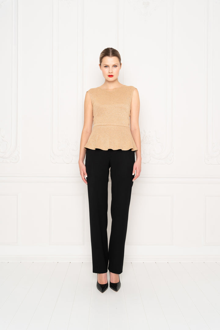 IRIS GOLDEN SLIGHTLY GLITTERING VISCOSE-BLEND PEPLUM TOP WITH A BELT