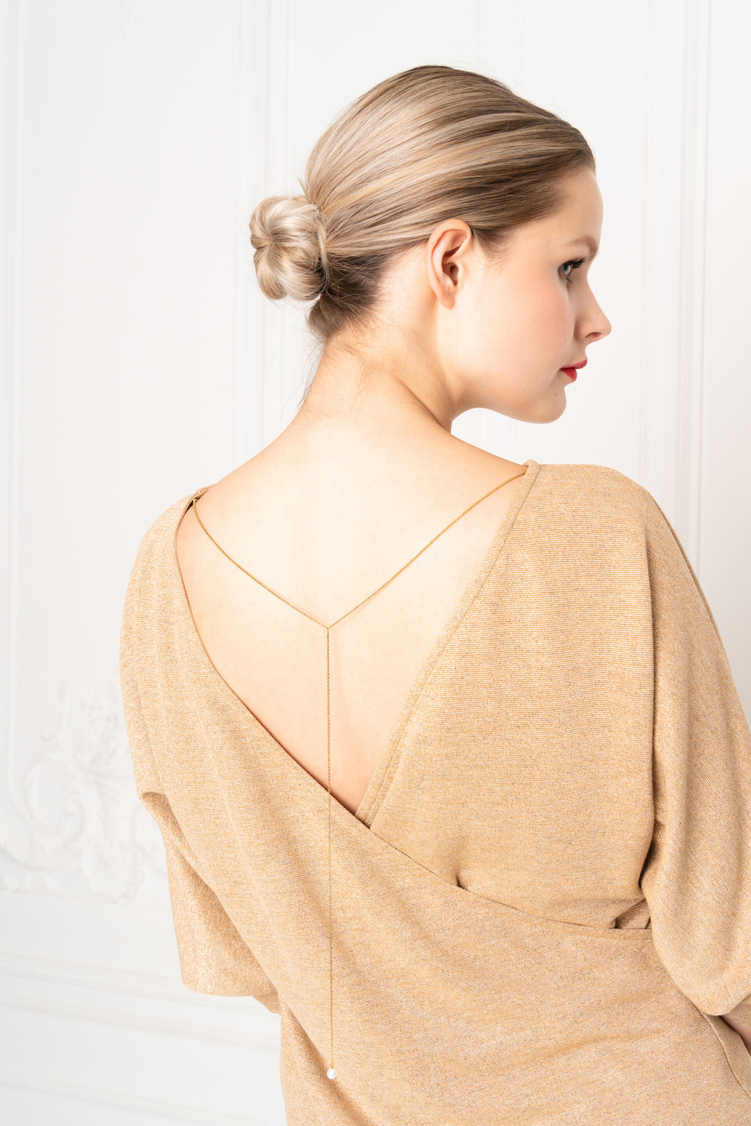 ZABELIA GOLDEN KIMONO CUT SLIGHTLY GLITTERING STRETCHY VISCOSE BLEND OPEN BACK WRAP BLOUSE