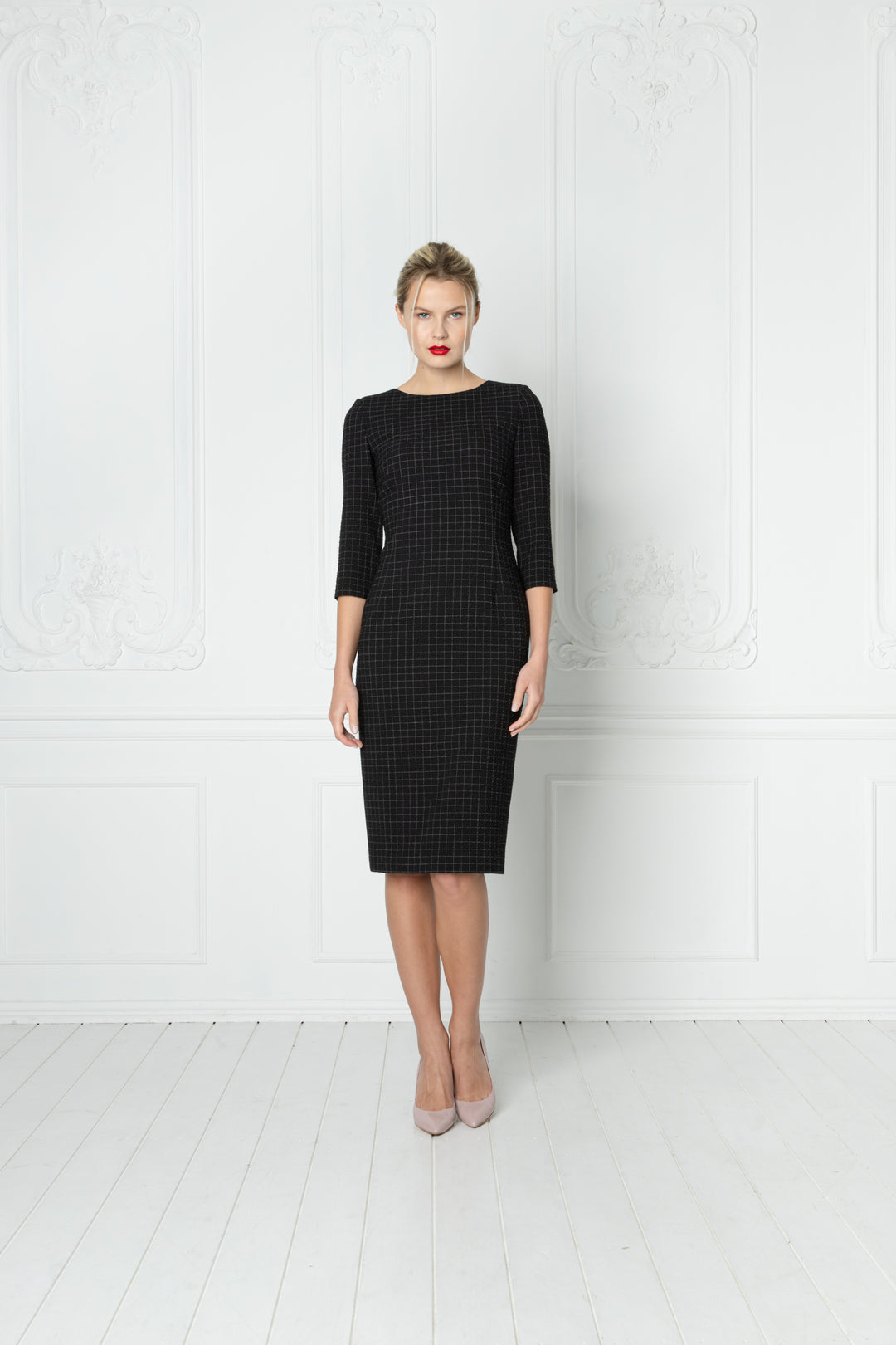 LICARIA PLAID PENCIL DRESS WITH CRYSTAL BUTTONS