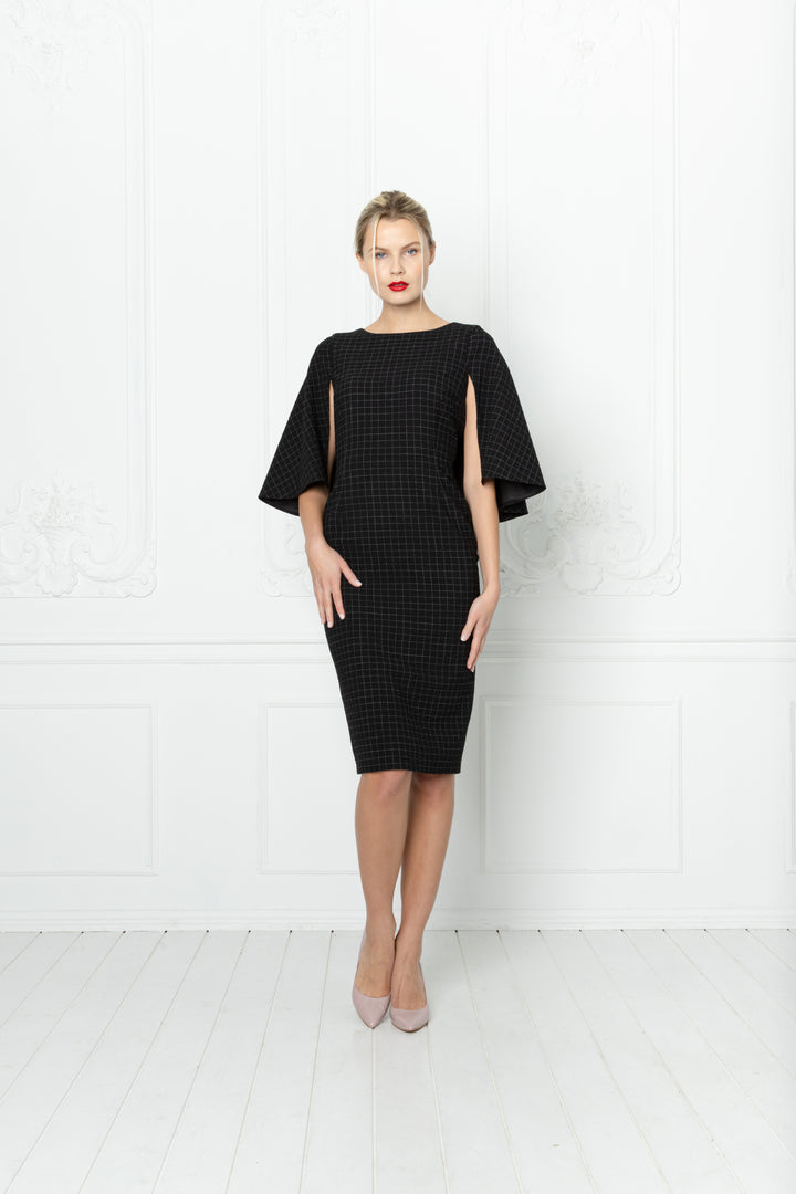 LEGRANDIA BLACK PLAID WOOL SEERSUCKER PENCIL DRESS WITH A CAPE DETAIL