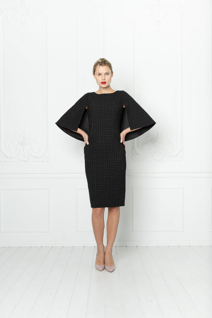 LEGRANDIA BLACK PLAID WOOL SEERSUCKER PENCIL DRESS WITH A CAPE DETAIL