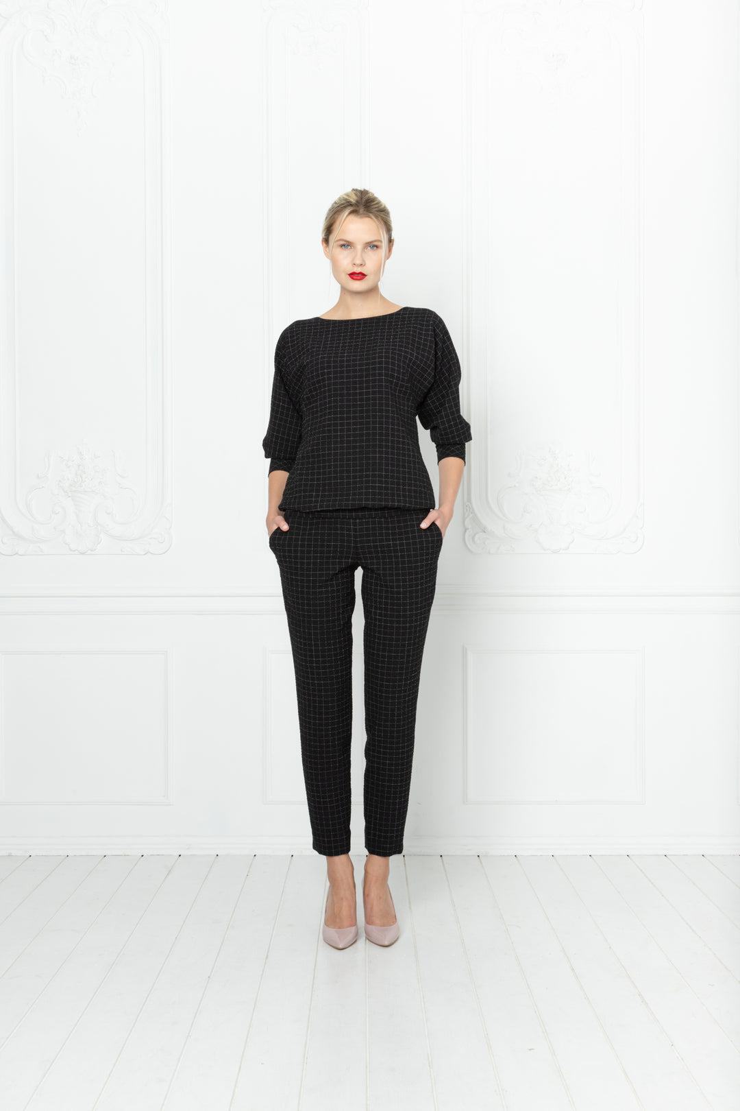 LITTORELLA BLACK PLAID WOOL SEERSUCKER JUMPSUIT