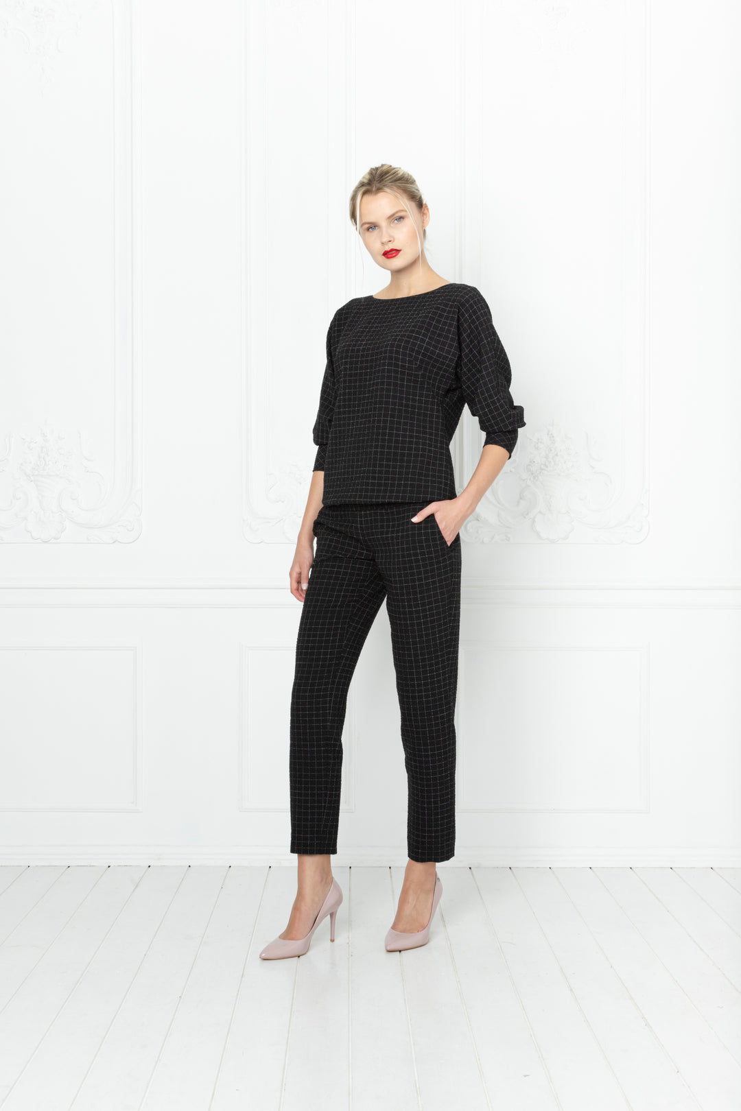 LITTORELLA BLACK PLAID WOOL SEERSUCKER JUMPSUIT