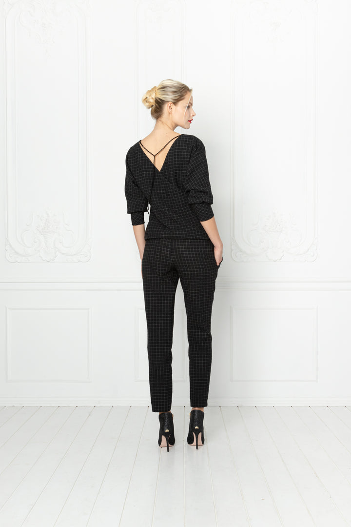 LITTORELLA BLACK PLAID WOOL SEERSUCKER JUMPSUIT