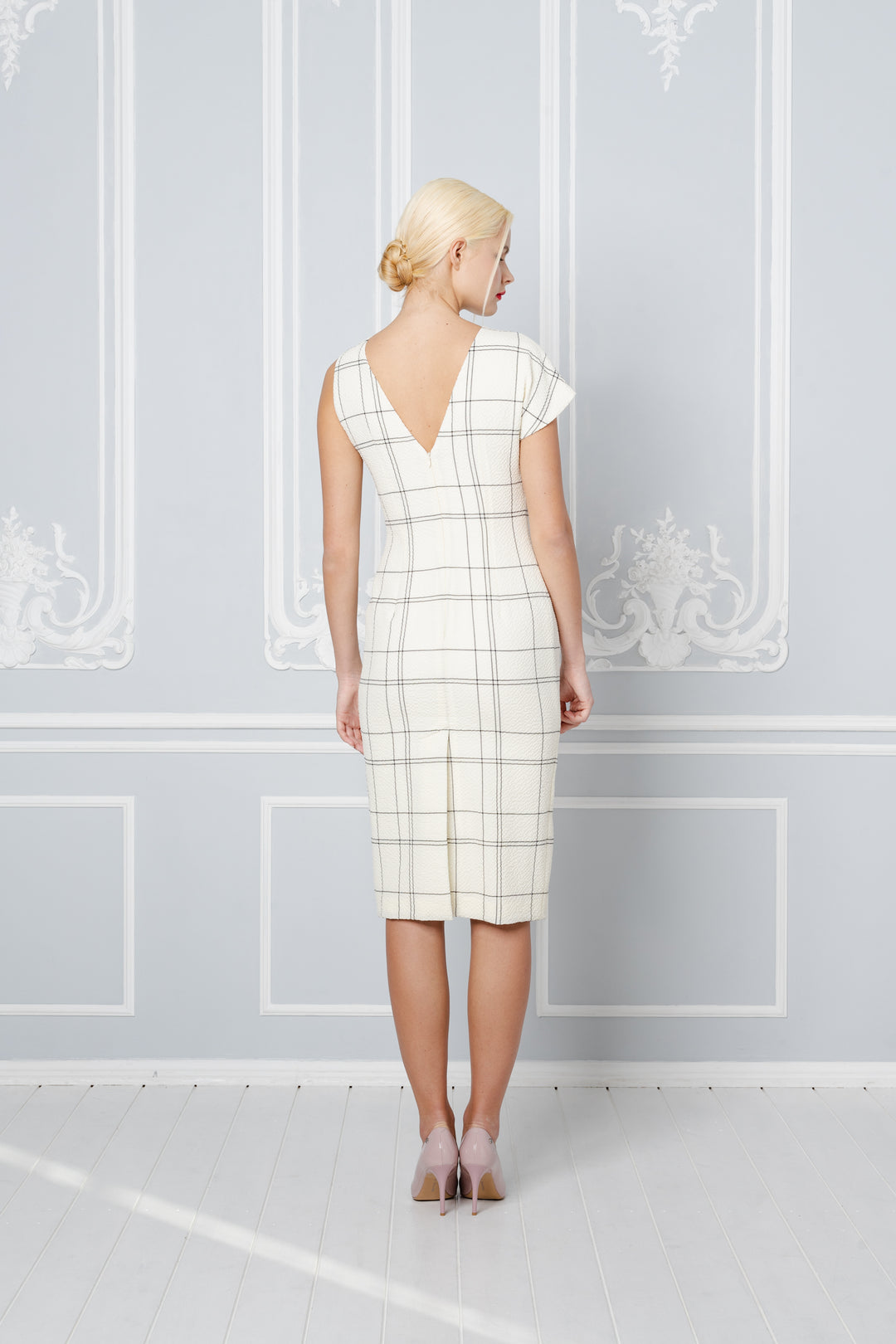 LIATRIS IVORY PLAID A-SYMMETRIC PENCIL DRESS