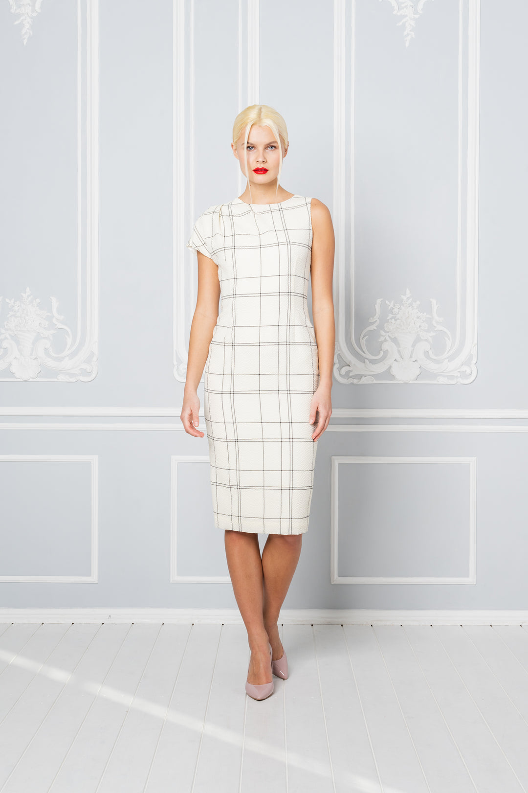 LIATRIS IVORY PLAID A-SYMMETRIC PENCIL DRESS