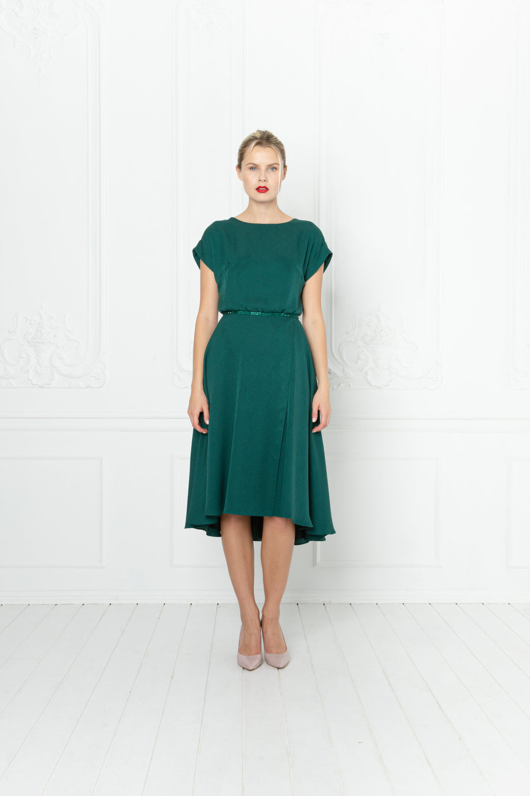 LEIBNITZIA EMERALD GREEN SILK DRESS WITH THE BELT