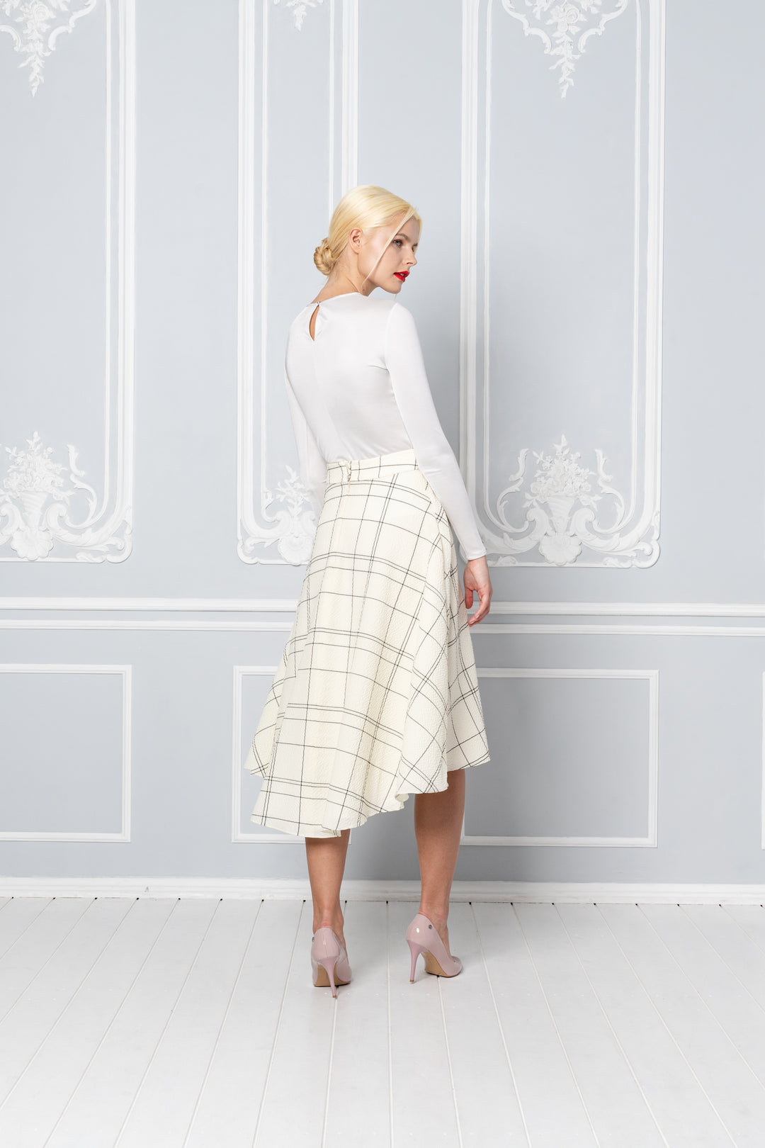 LATANIA IVORY PLAID WOOL SEERSUCKER HIGH-LOW SKIRT