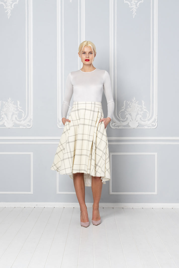 LATANIA IVORY PLAID WOOL SEERSUCKER HIGH-LOW SKIRT