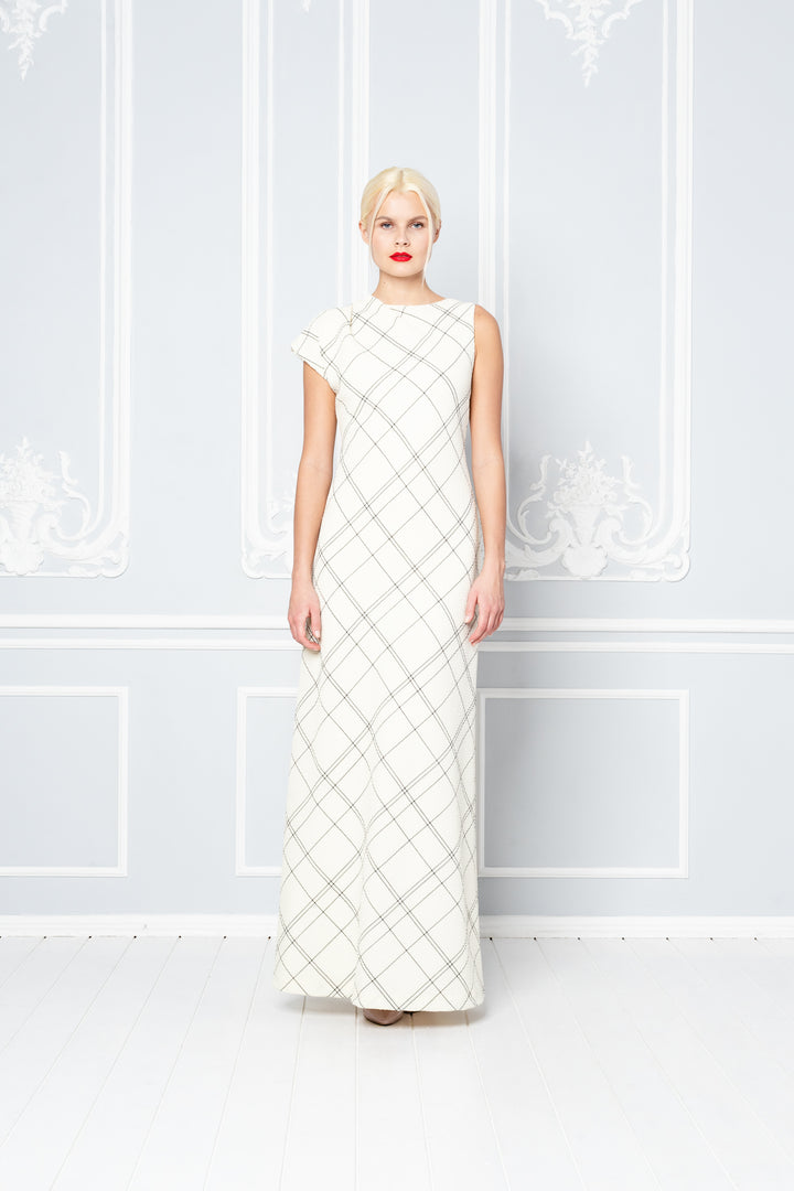 LIATRIS IVORY PLAID WOOL SEERSUCKER A-SYMMETRIC MAXI DRESS