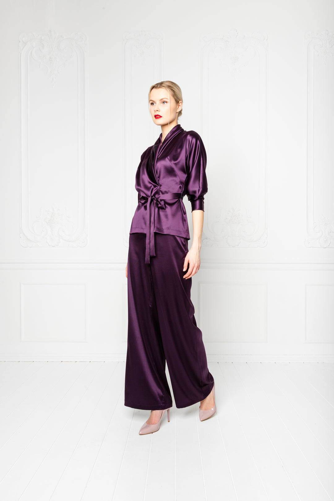 PRIMULA DEEP PURPLE SILK WIDE-LEG PANTS