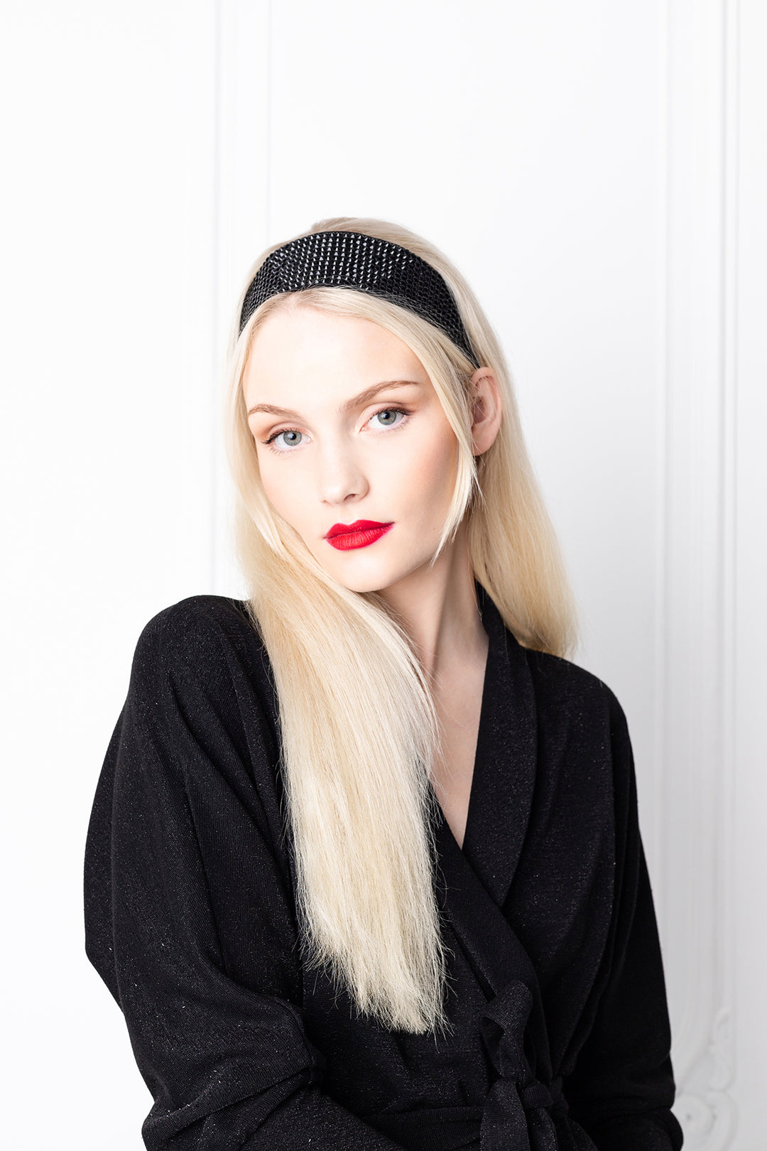 LUXURIOUS BLACK SILK CRYSTAL HEADBAND