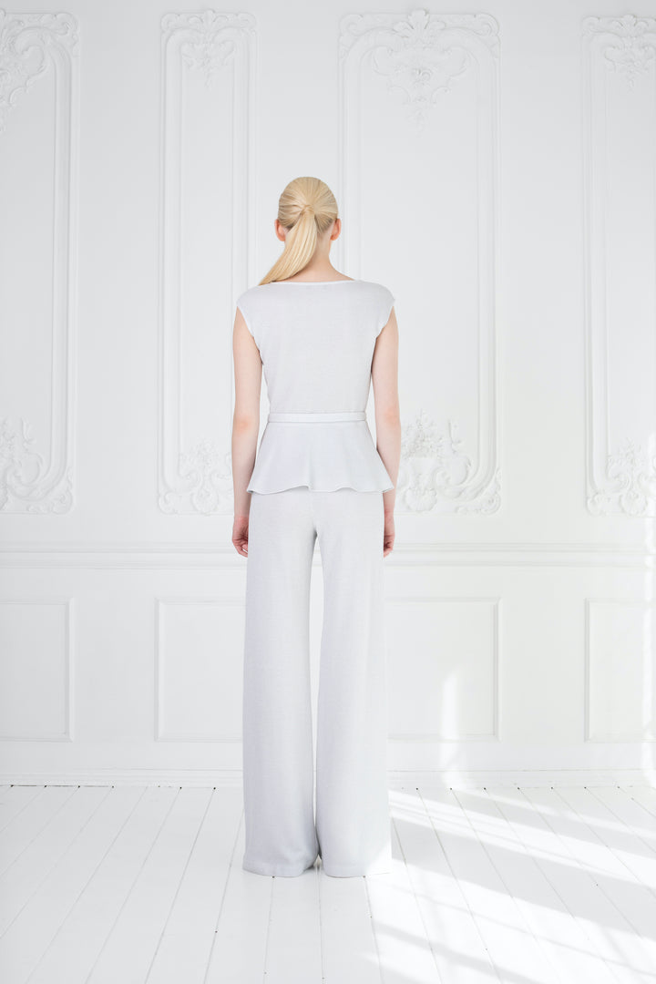 IRIS SILVER WHITE SLIGHTLY GLITTERING VISCOSE-BLEND PEPLUM TOP WITH A BELT