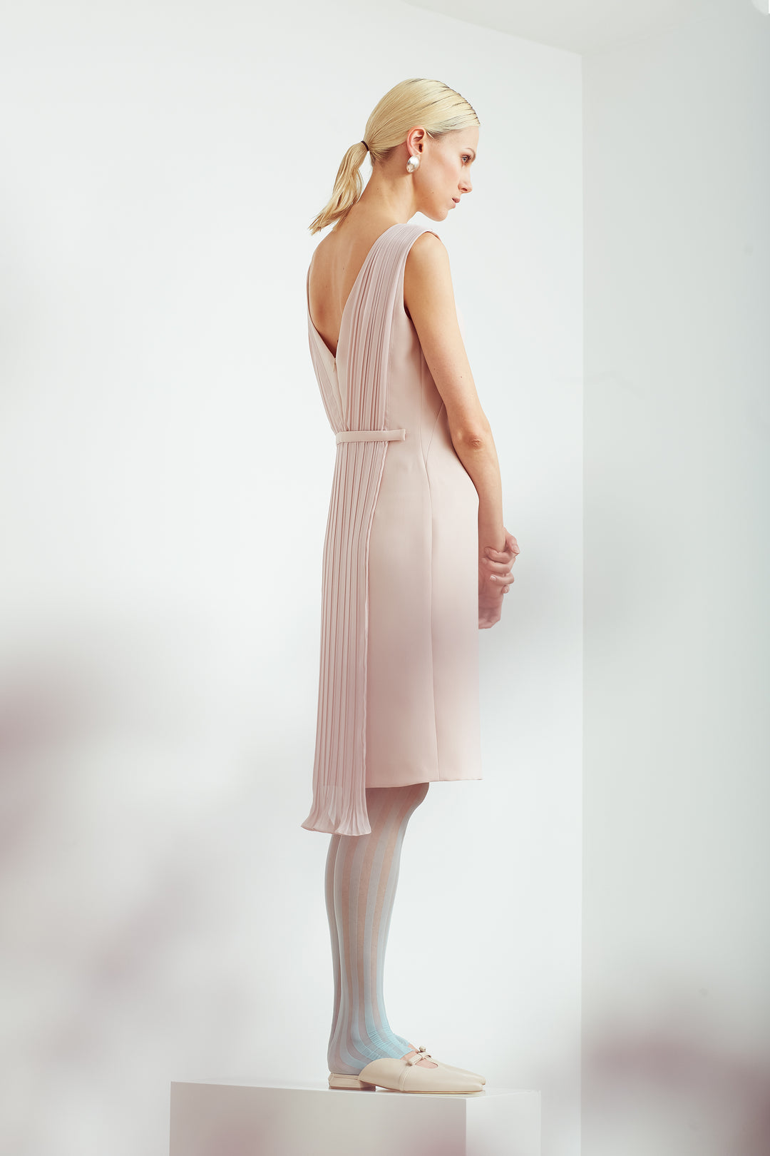 LUPINUS NUDE PINK A-LINE COCKTAIL DRESS WITH A PLEATED BACK DETAIL