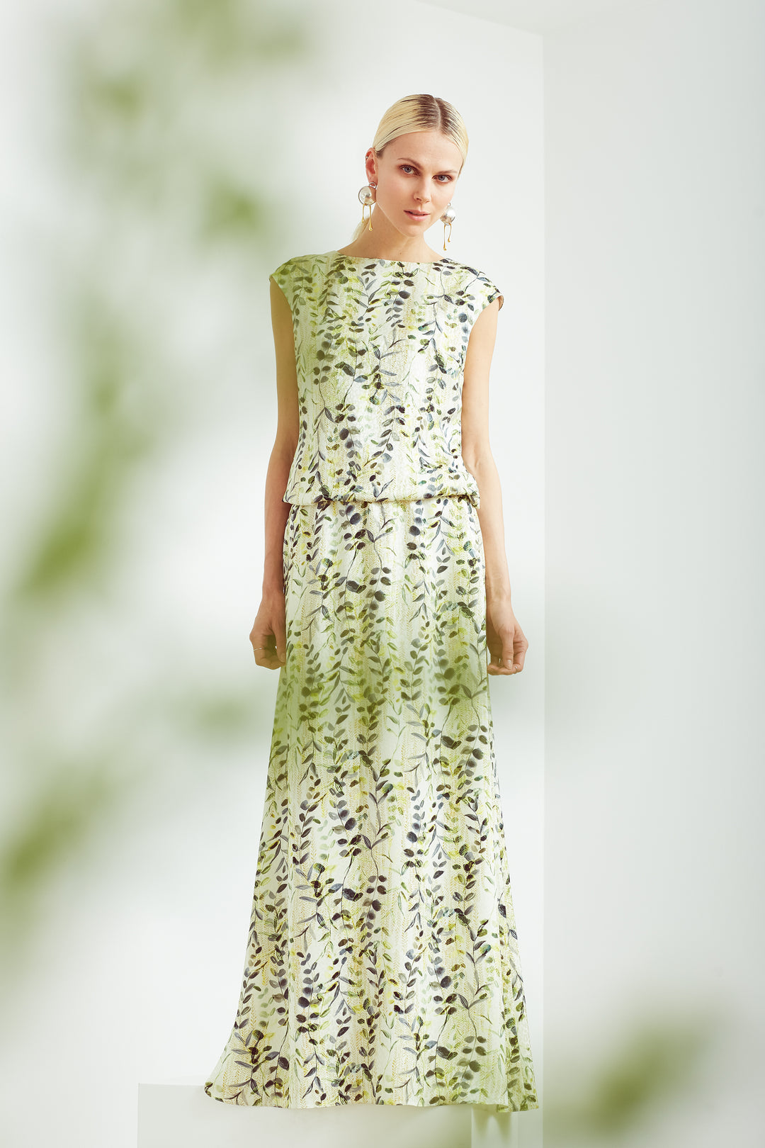 ADONIDIA OLIVE PATTERN SILK MAXI DRESS