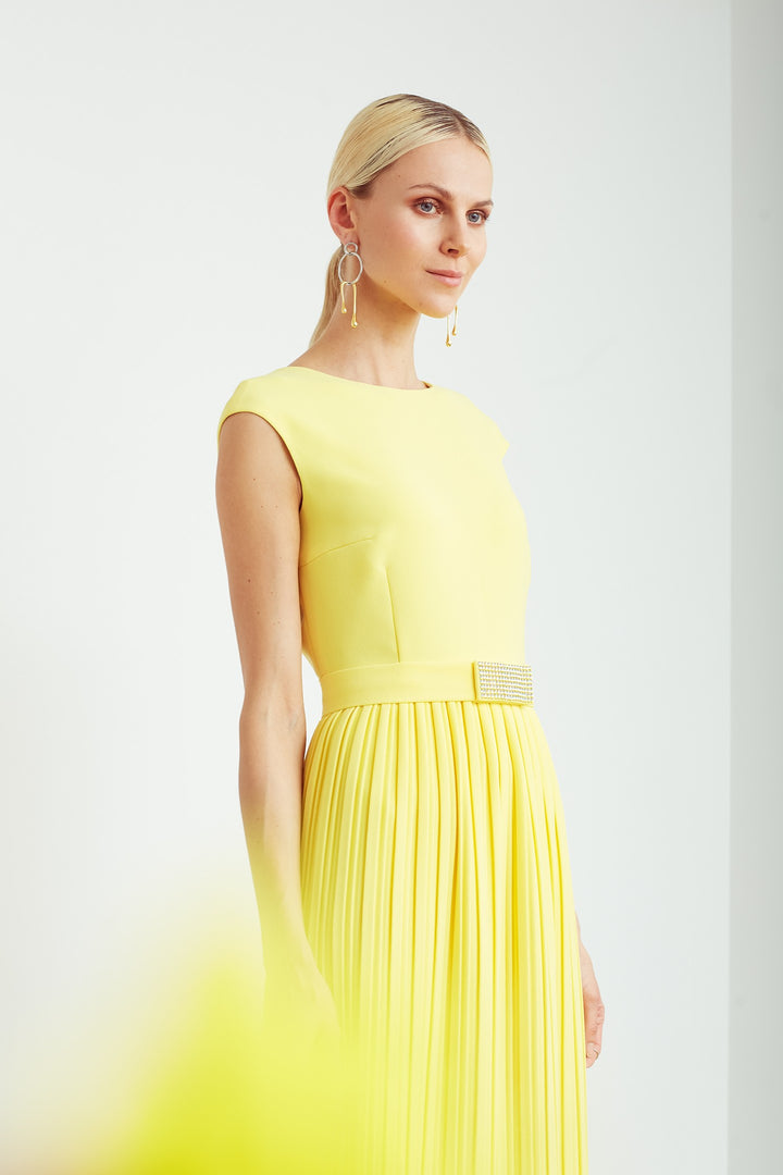 LUNARIA YELLOW PLEATED GOWN WITH BELT