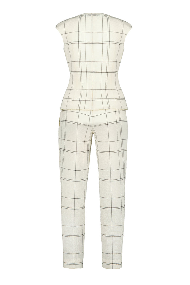 ABELIA IVORY PLAID WOOL SEERSUCKER JUMPSUIT