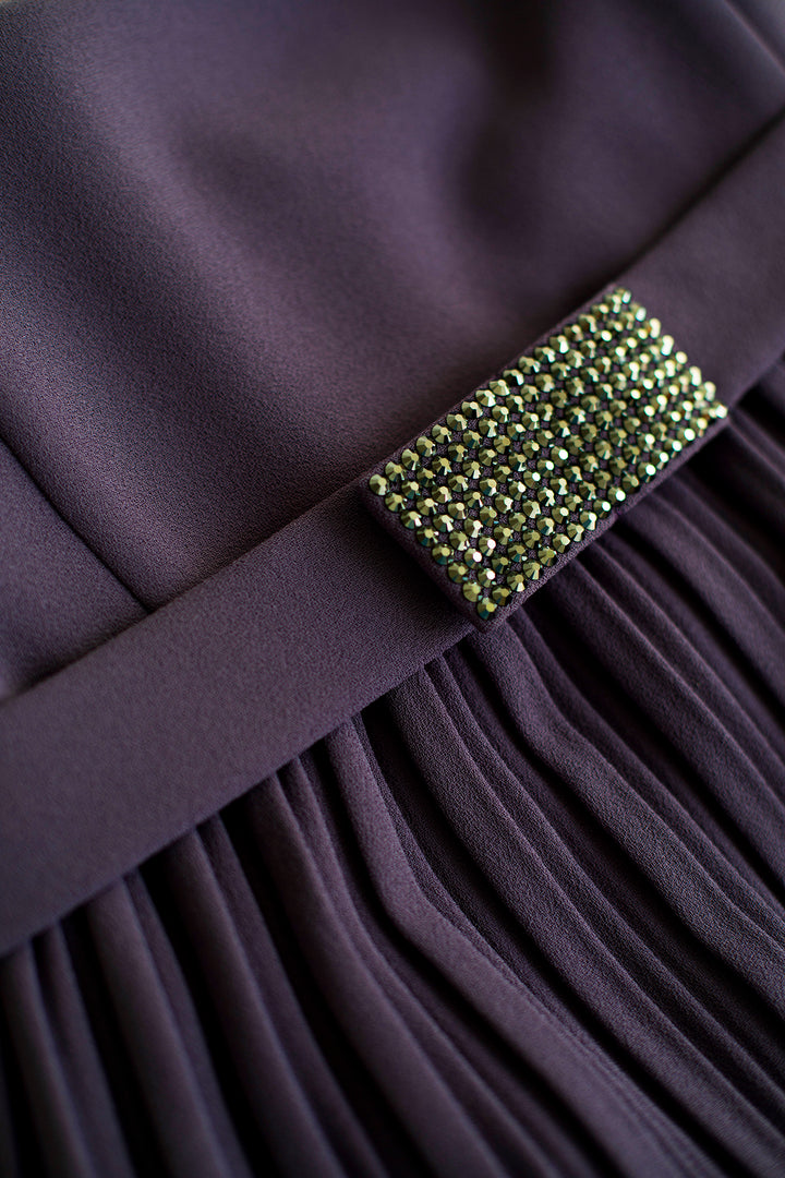 LUDWIGIA PURPLE VELVET PLEATED COCKTAIL DRESS WITH THE BELT