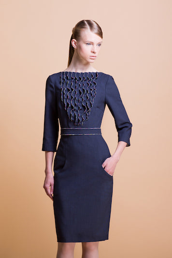 CALANTHUS NAVY BLUE RUFFLE DRESS WITH DETACHABLE BELT