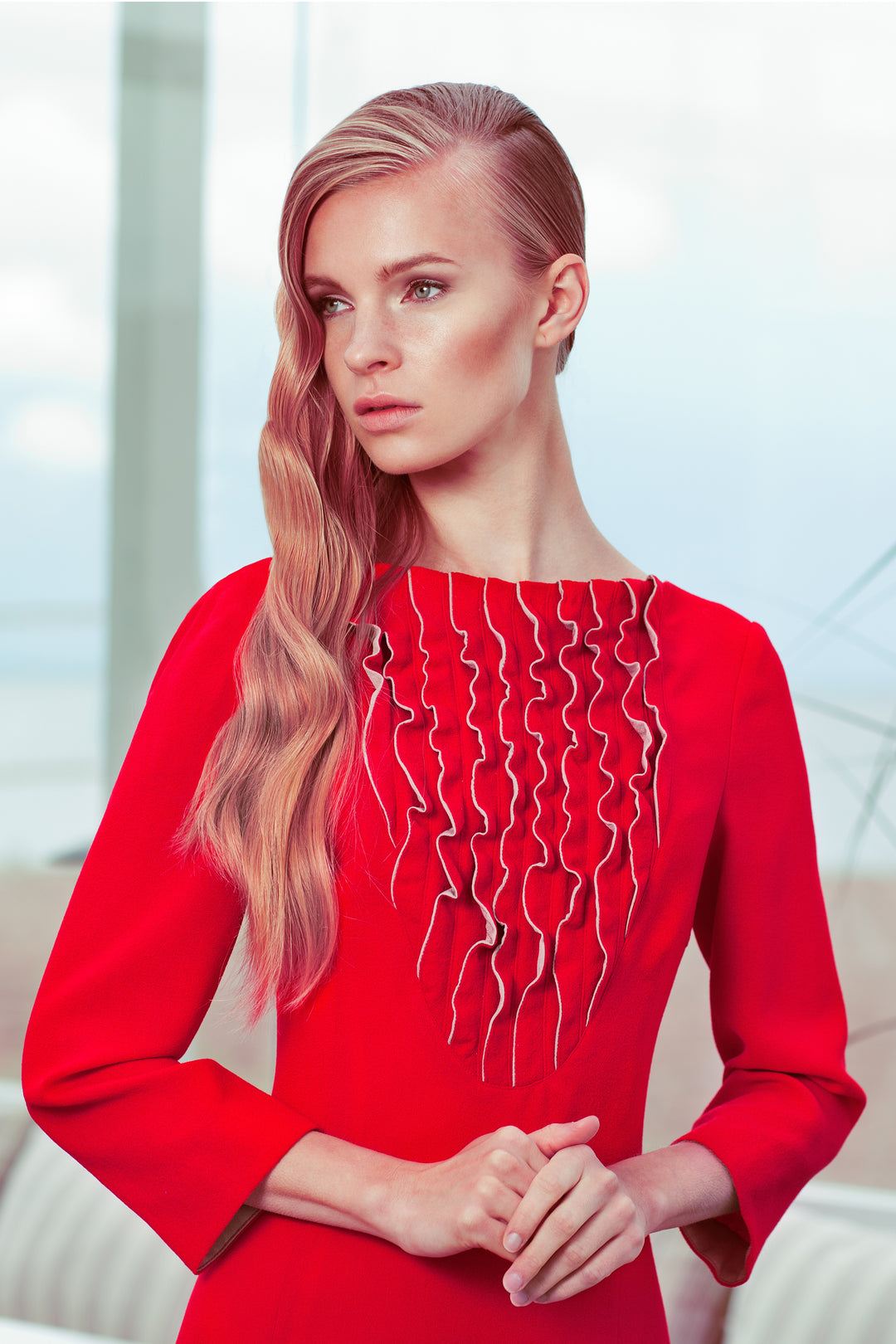 DRIMIA RED RUFFLE DETAIL DRESS