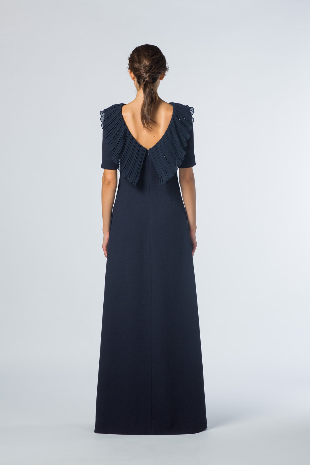 MUSELLA NAVY BLUE A-LINE GOWN WITH PLEATED DETAIL