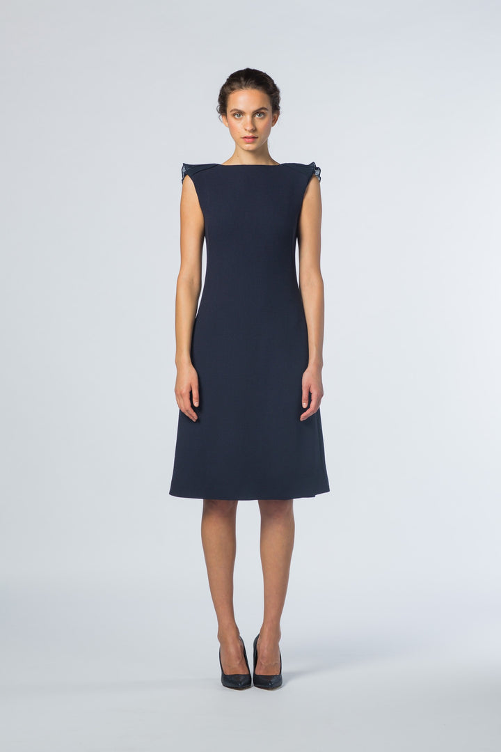 MERTENSIA NAVY BLUE A-LINE DRESS WITH PLEATED DETAIL