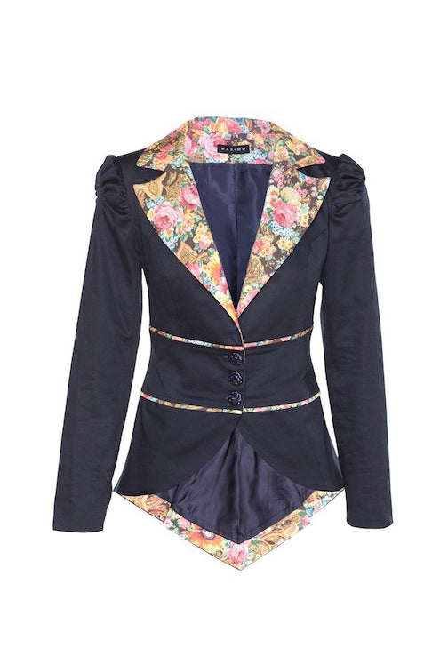 DAHLIA NAVY BLUE JACKET WITH FLOWER PATTERNED DETAILS