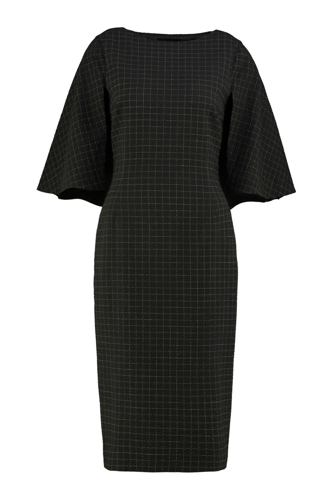 LEGRANDIA BLACK PLAID WOOL SEERSUCKER PENCIL DRESS WITH A CAPE DETAIL