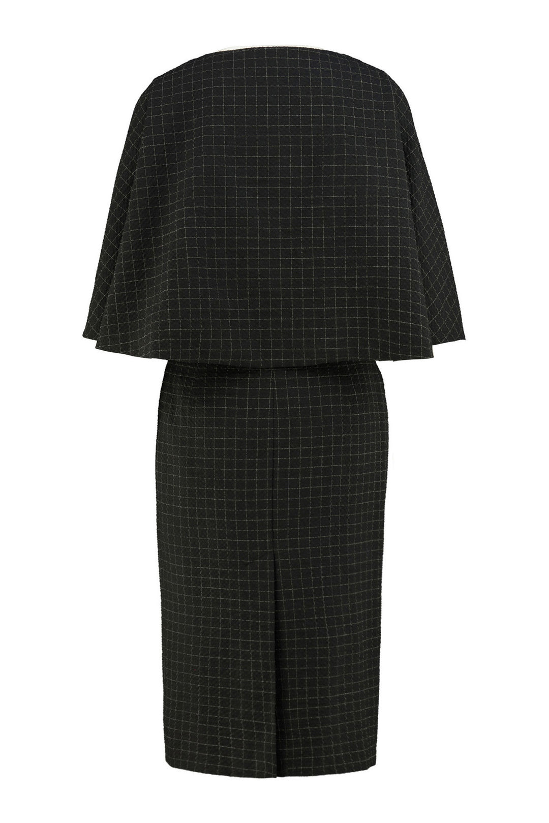 LEGRANDIA BLACK PLAID WOOL SEERSUCKER PENCIL DRESS WITH A CAPE DETAIL