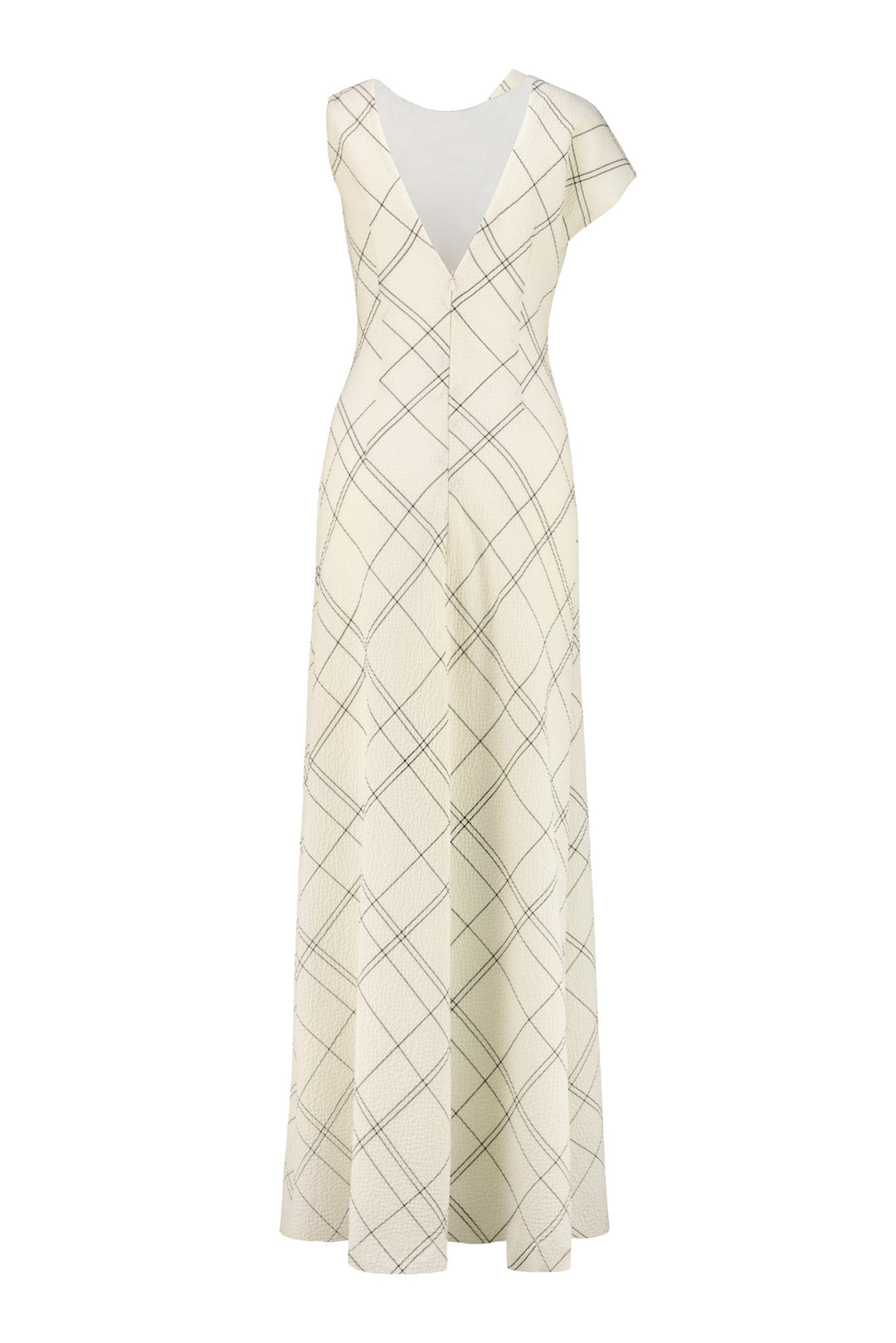 LIATRIS IVORY PLAID WOOL SEERSUCKER A-SYMMETRIC MAXI DRESS